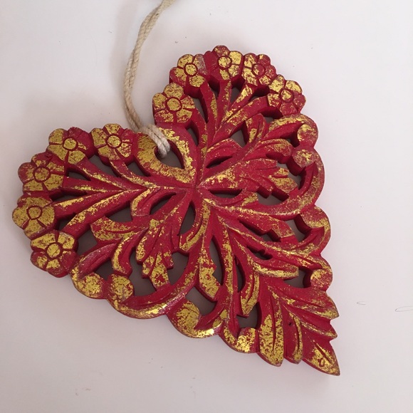 Vintage Other - VTG Hand Crafted Red and gold hand carved wooden heart